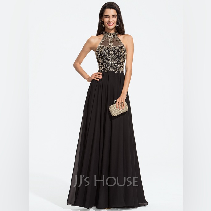 Jjâhouse A-Line High Neck Floor-Length Chiffon Evening Dress Beading Sequins